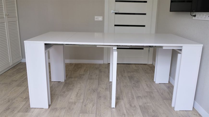 Комплект стіл консоль трансформер розкладний Білий поворотна опора (метал) 2400 мм х 1100 мм + пуф 5 в 1 релакс, велюр fdaa4b09 фото